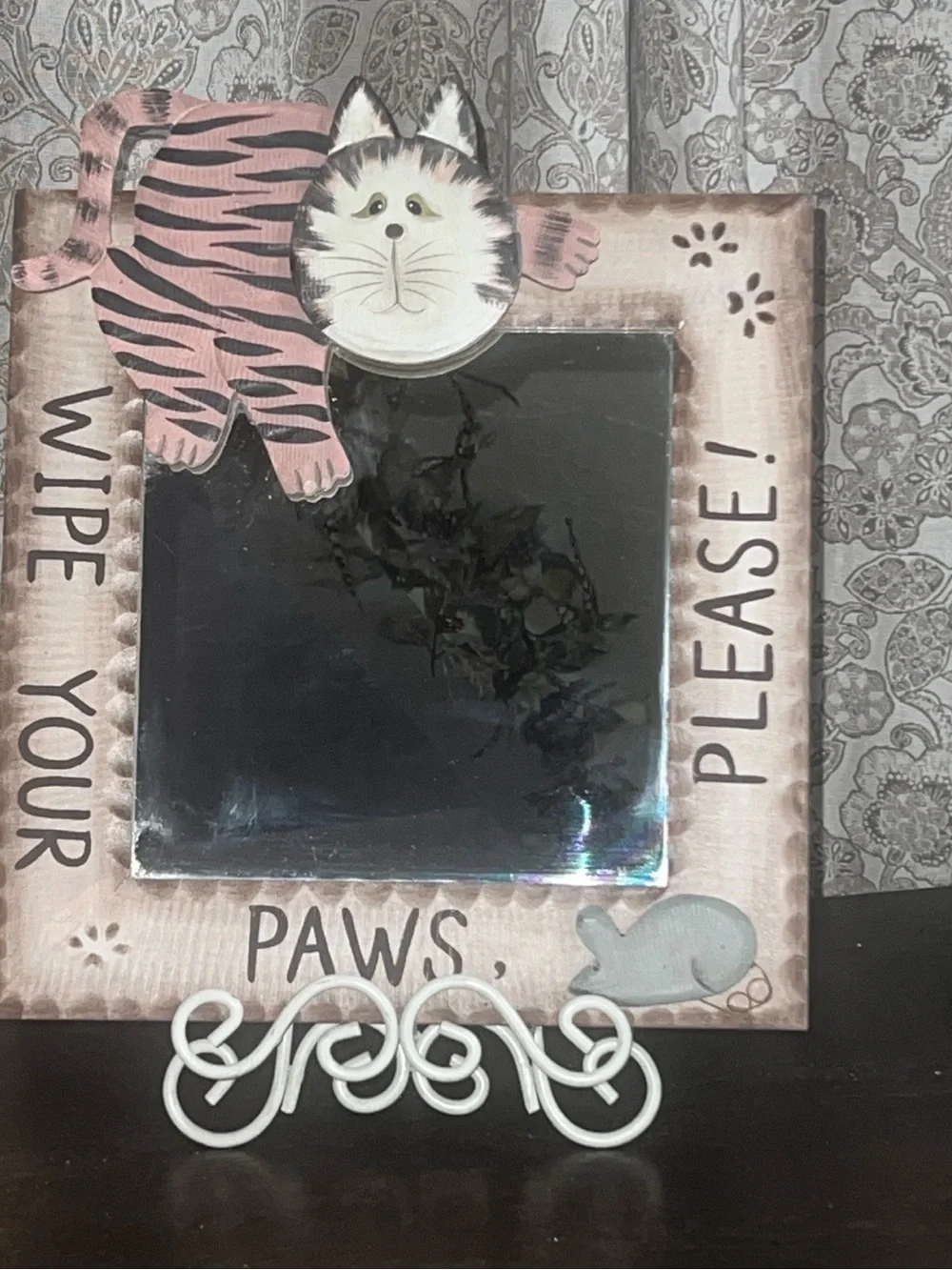 Vintage Folk Art Wooden Cat Wall Mirror - 